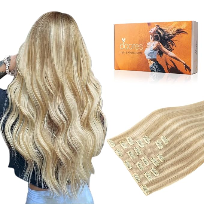 DOORES Clip in Hair Extensions, Seamless Dark Blonde Highlighted Bleach Blonde 22 Inch 150g 7pcs, Straight Virgin Hair Extensions for Women