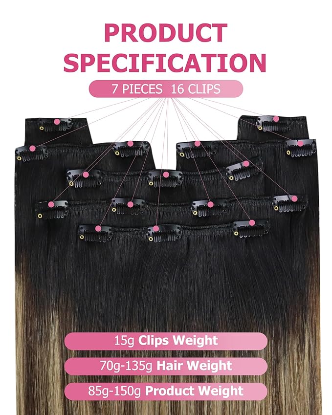 YoungSee 150G Ombre Black Hair Extensions Clip ins Balayage Clip ins Hair Extensions Human Hair Natural Black Roots to Brown with Caramel Blonde Real Hair Extension Clip in Human Hair 24Inch 7Pcs