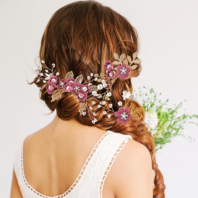 Wedding Flower Hair Accessories for Women: 4pcs Leaf and Flower Hair Combs for Women Accessories - Crystal Pearl Wedding Flower Clips Headpiece for Brides Bridesmaids Girls Updo (Rosy)