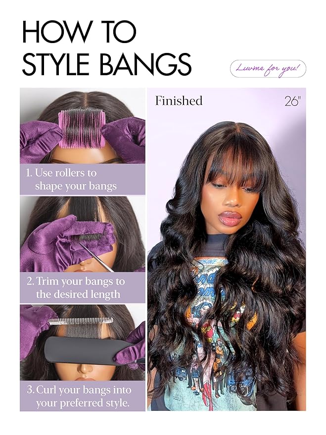 LUVME HAIR 7x6 HD Lace All-Day Comfort Wig with Bangs 200% Density Hair PartingMax Lace Wigs Loose Body Wave Lace Front Wigs Human Hair Pre Cut Plucked Lace Frontal Glueless 28 Inches