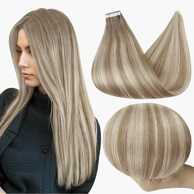 Full Shine Balayage Tape in Extensions Color 19/8/60 Grey and Blonde Seamless Tape in Hair Extensions Human Hair 16Inch Straight Natural Remy Human Hair Extensions 50G 20Pcs Double Sided