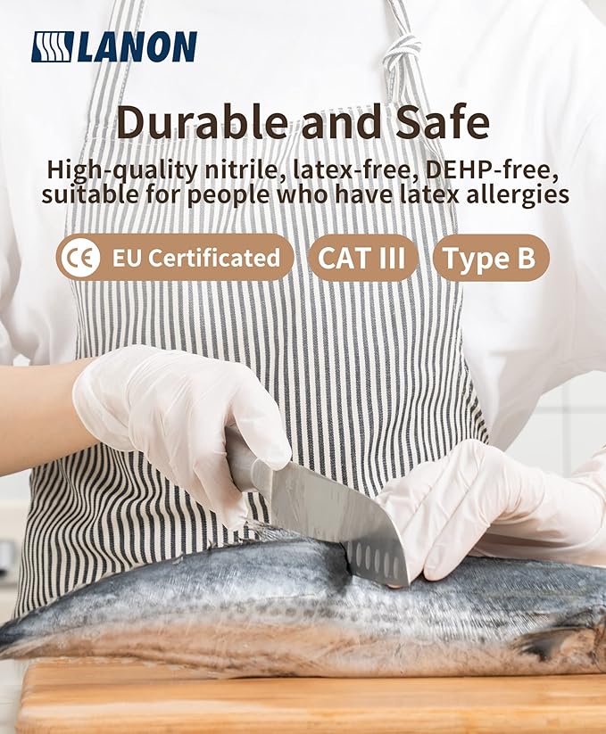 LANON Food Safe White Disposable Nitrile Gloves, Latex-Free, Powder-Free, Textured Fingertips, Cooking, Cleaning, Large