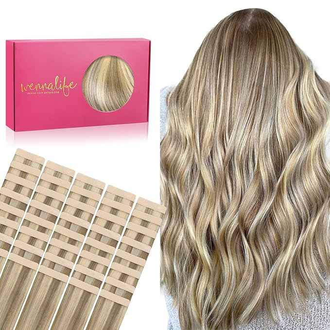 WENNALIFE Tape in Hair Extensions Human Hair, 40pcs 120g 26 inch Ash Brown with Platinum Blonde Highlights Remy Hair Straight Tape in Extensions Invisible Reusable Real Hair