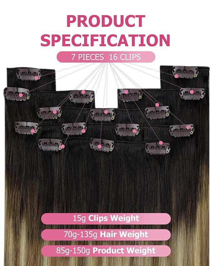 YoungSee Clip in Human Hair Extensions Dark Roots to Medium Brown Mix Blonde Balayage Real Hair Extensions Clip ins Human Hair Ombre Clip on Hair Extension for Women 16inch 120g