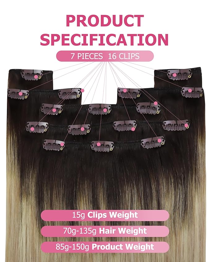 YoungSee Ombre Hair Extensions Clip ins Medium Brown Roots to Golden Mix Platinum Blonde Clip in Hair Extensions Real Human Hair Brown to Blonde Clip in Hair Extension Short Hair 12Inch 7Pcs 85G