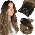 Moresoo Clip in Hair Extensions Human Hair Ombre Remy Clip in Extensions Human Hair Balayage Dark Brown to Dark Ash Blonde with Golden Blonde 7pcs/120g 24inch