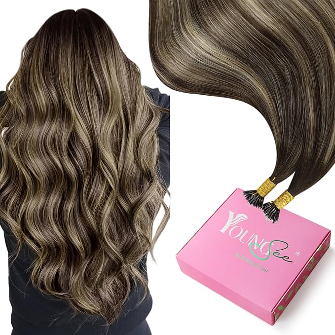 YoungSee Nano Ring Hair Extensions Balayage Brown Nano Bead Hair Extensions Human Hair Balayage Dark Brown with Ash Blonde Nano Human Hair Extension for Women Short Hair 14inch 50s 50g