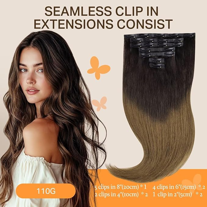 DOORES Seamless Clip-in Real Human Hair Extensions, Chocolate Dip Color Melt 20 Inch 110g 7pcs, Straight Hair Invisi Edge