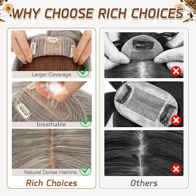 Rich Choices Real Human Hair Toppers for Women With Bang 100% Remy Human Hair Topper for Thinning Hair Clip in Silk Base Hair Topper 10 Inch Salt and Pepper G2 Silver
