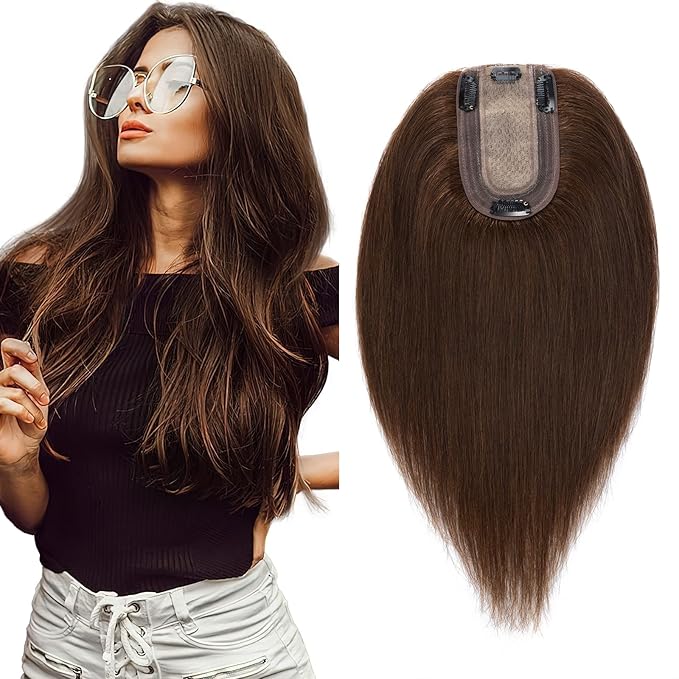 SEGO Human Hair Topper for Women, No Bangs Real Hair Topper with Anti-Slip Clips (12 Inch#4 Medium Brown)