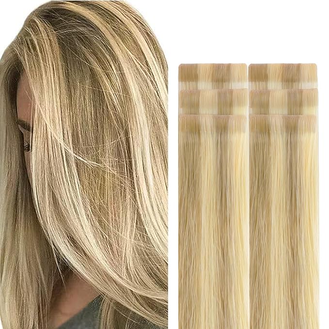 GOO GOO Invisi Edge Tape in Hair Extensions Human Hair, 16/22 Light Blonde Highlighted Golden Blonde, 6pcs 20inch 18g, Virgin Remy Hair, Seamless Injected Tape, Natural Look