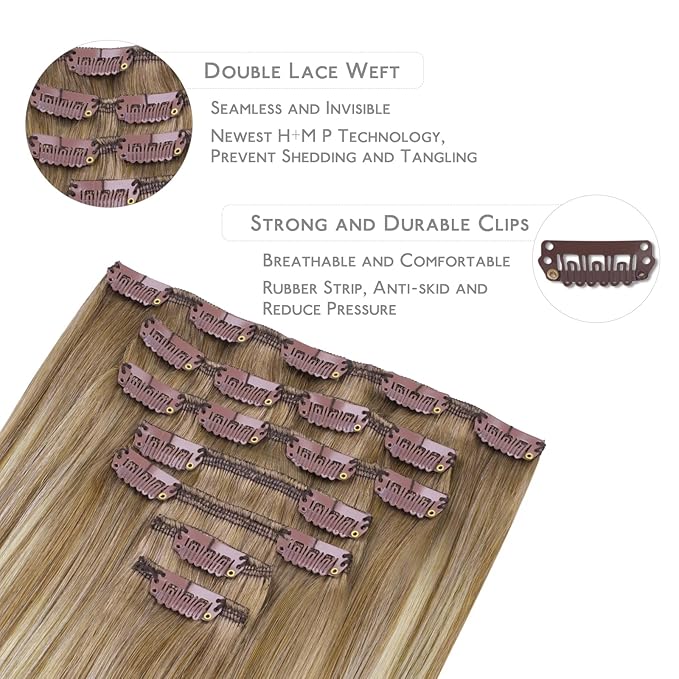 WENNALIFE Clip in Hair Extensions Real Human Hair, 24 Inch 120g 7pcs Balayage Dirty Blonde with Platinum Ends Remy Hair Natural Double Weft