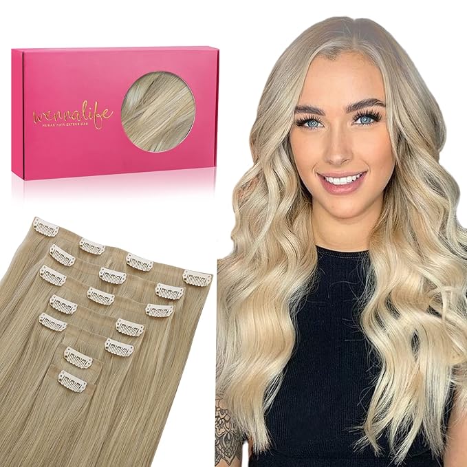 WENNALIFE Seamless Clip In Hair Extensions Human Hair, 12 Inch 80g 7pcs Ombre Ash Blonde to Golden Blonde Balayage Platinum Blonde Remy Hair Invisible PU Skin Weft