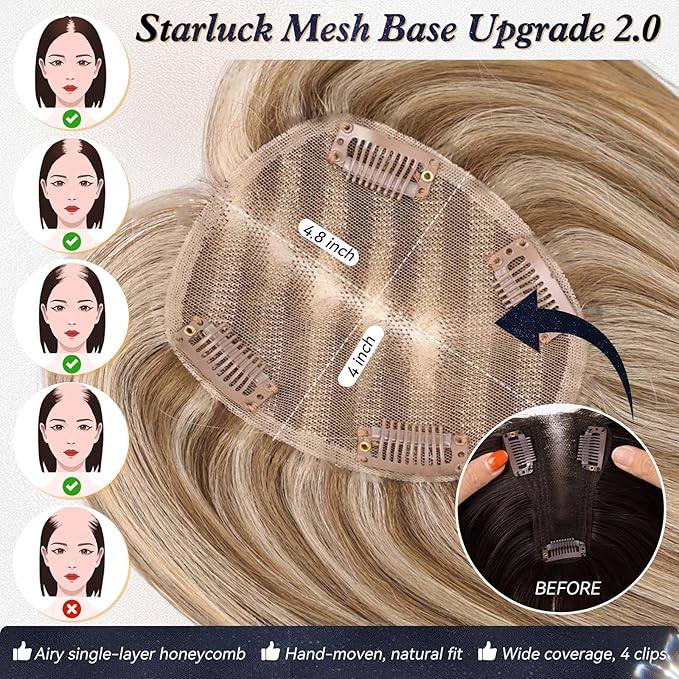 starluck Hair Toppers for Women Real Human Hair With Bangs, 100% Remy HumanHair Toppers for Women Hand-woven with Thinning,Cover Gray Roots,Adds Volume,Mixed Blonde And Brown