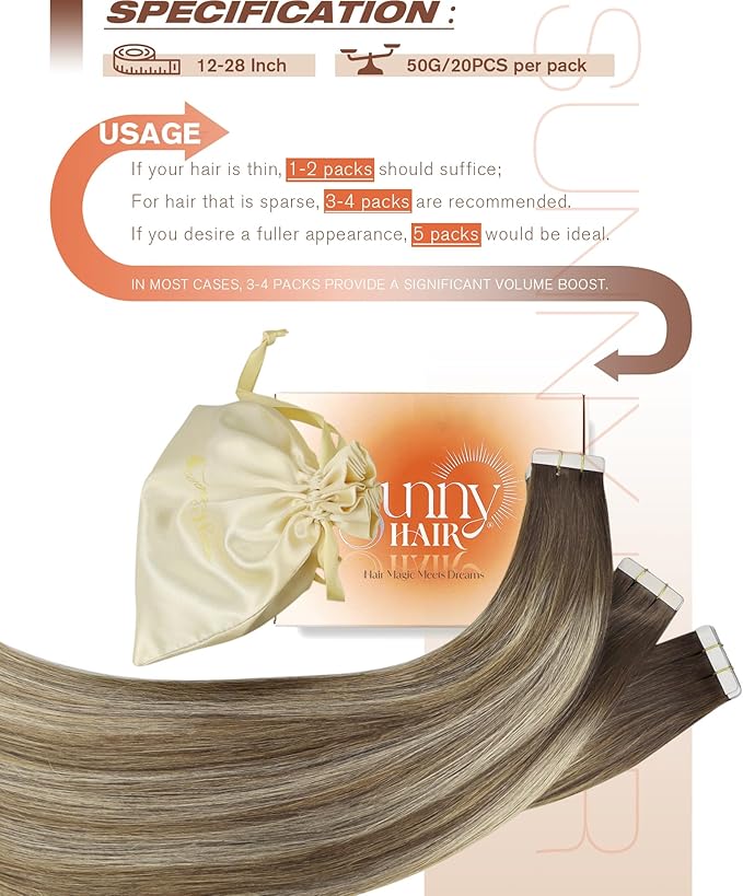Sunny Hair Tape in Hair Extensions Real Human Hair Invisible Remy Hair Extensions Tape ins for Women Medium Brown Root to Platinum Blonde Balayage 24 inch 20Pcs 50G