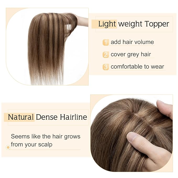 SEGO Hair Toppers for Women Real Human Hair With Bangs, 7 * 13CM Silk Base 100% Remy Human Hair Clip in Top Wiglet Hairpieces Add Volume -12 Inch Medium Brown&Dark Blonde