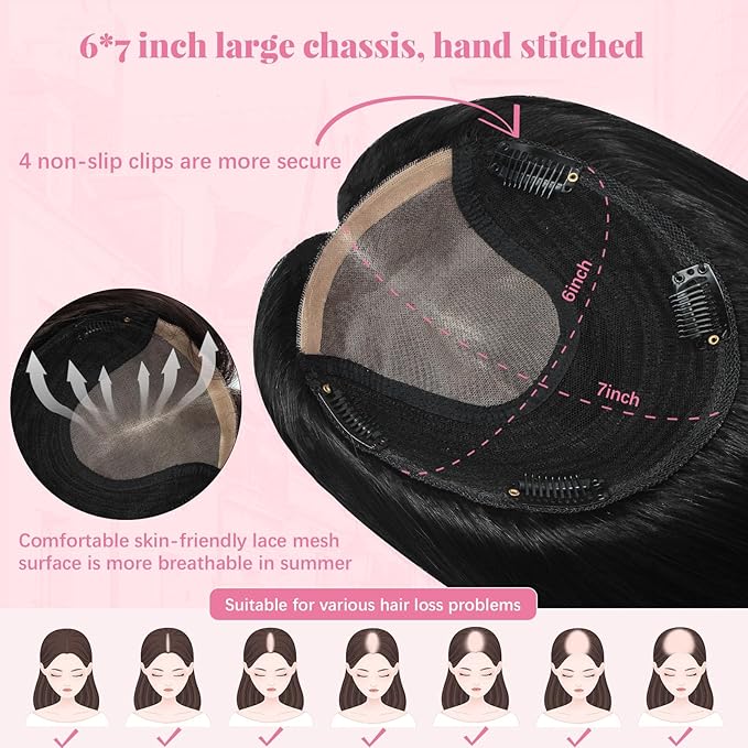 Hair Toppers for Women Real Human Hair, Hair Pieces for Women with Thinning 6x7inch Large Base 360° Cover 12inch Add Volume 55g(#1Toppers-12inch)
