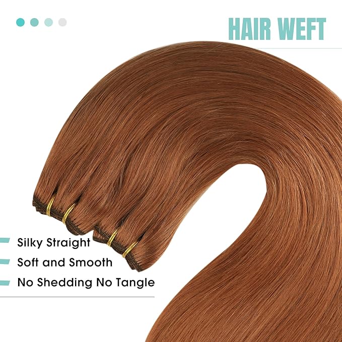 YoungSee Sew in Extensions Copper Weft Hair Extensions Colorful Human Hair Weft Extensions Light Copper Long Straight Hair 100G 24Inch