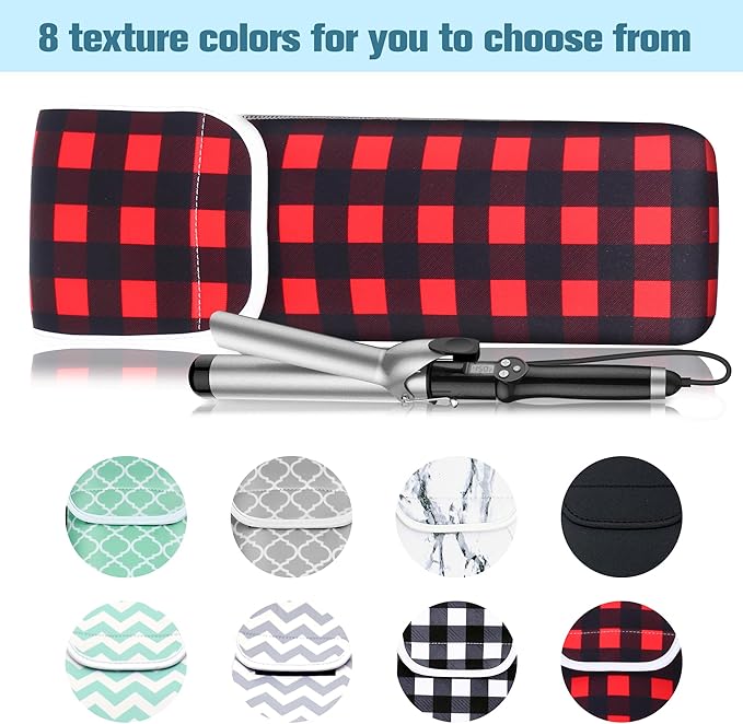 Women's Heat Resistant Neoprene Curling Iron Holder Flat Iron Curling Wand Travel Storage Cover Case Bag Pouch -Water-Resistant (Red lattice)