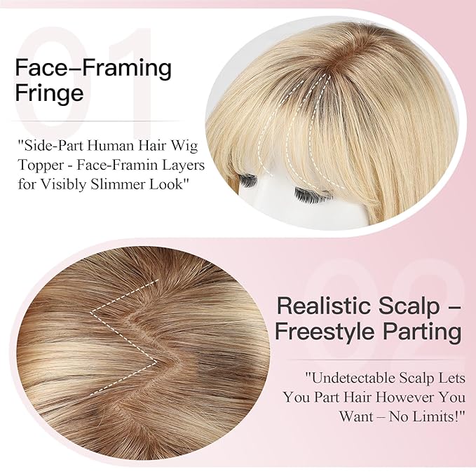 EMMOR Human Hair Toppers for Women Short Bob Real Hair with Bangs 10" Side Part Hairpieces for Women with Thin Hair 6.5" × 6.5" Larger Base Human Wig Toppers(Ombre Light Blonde)
