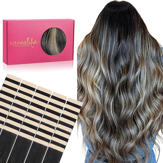 WENNALIFE Tape in Hair Extensions Human Hair, 40pcs 80g 12 inch Balayage Natural Black to Light Blonde Remy Hair Straight Tape in Extensions Invisible Reusable Real Hair Extensiones De Cabello Humano