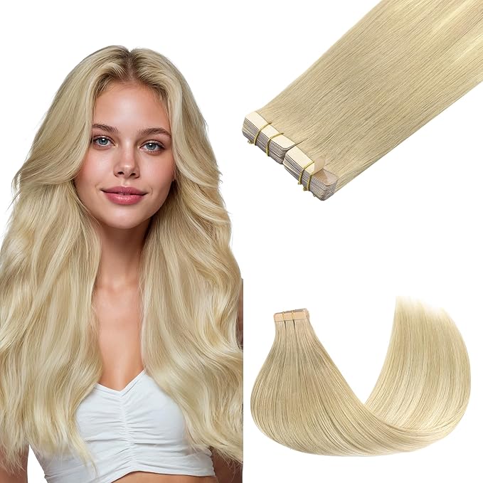 GOO GOO Tape in Hair Extensions Human Hair, 18ET90A Natural Blonde Balayage, 14inch 100g 40pcs, Skin Weft Seamless Invisible, Silky Straight with Thick Ends, Remy Human Hair