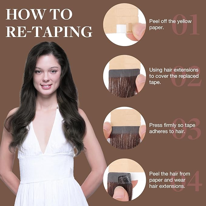 GOO GOO Tape in Hair Extensions Human Hair, 1C Mocha Brown, 20inch 50g 20pcs, Skin Weft Seamless Invisible, Silky Straight with Thick Ends, Remy Human Hair