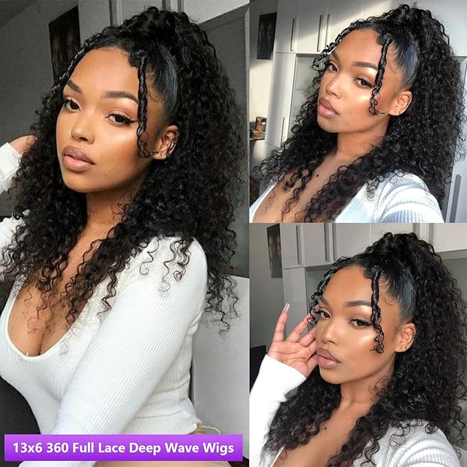 360 Deep Wave Lace Front Wigs Human Hair 200% Density 360 HD Lace Front Wigs Deep Wave Pre Plucked with Baby Hair Curly Human Hair Wig with Adjustable Straps for Women (26 Inch)