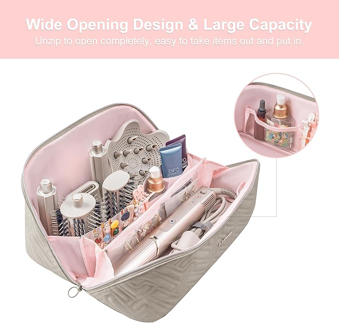 Leudes Hair Tools Travel Bag For Dy son Airwrap Hair Dryer Shark Flex Style Carrying Case Travel Makeup Bag Portable Pouch Open Flat Packing Organizers with Divider and Handle (Camel)