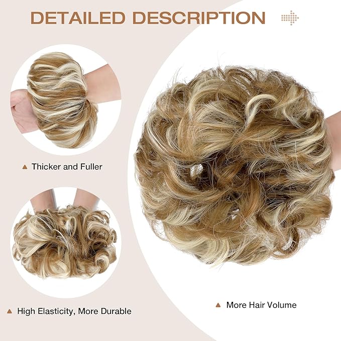 Messy Bun Hair Piece Wavy Curly Scrunchies Fluffy Donut Thick Updo Elegant Chignon Hairpieces for Women Girls, Ginger Brown Mix Bleach Blonde 1.4oz
