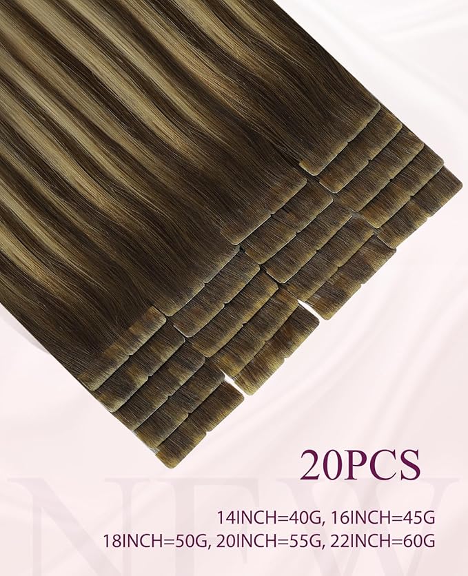 Pinkpearl Invisible Tape in Hair Extensions Human Hair, 20pcs 16inch 45g #4/27/4 Balayage Chocolate Brown to Caramel Blonde Injection Tape in Extensions Real Remy Seamless Human Hair Injected
