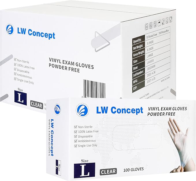LW Concept Clear Vinyl Exam Gloves for Medical/Food Safe/Cleaning/Handling Use Multipurpose Latex & Powder Free, 3.5 mil (LW3003, Large, Case of 1000)