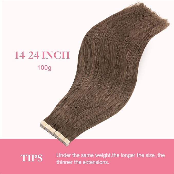 GOO GOO Tape in Hair Extensions Human Hair, 5 Light Ash Brown, 22inch 100g 40pcs, Skin Weft Seamless Invisible, Silky Straight with Thick Ends, Remy Human Hair