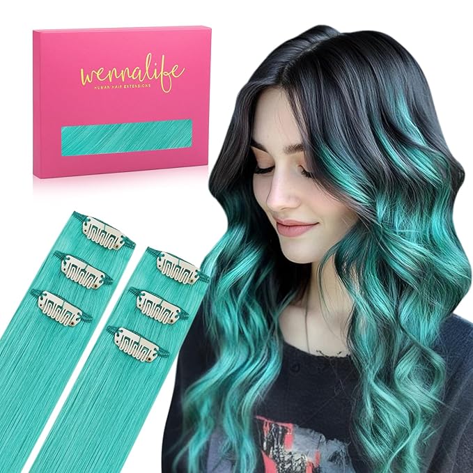 WENNALIFE Teal Green Clip in Hair Extensions Real Human Hair 35g 6pcs 16 Inch Colored Hair Extensions for Kids Women Colorful Hair Pieces Pop-up Style Straight Extensiones De Cabello Humano Con Clip
