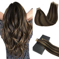 GOO GOO Tape in Hair Extensions Human Hair, 2/6 Dark Brown Highlighted Chestnut Brown, 14inch 50g 20pcs, Thick Ends Straight Seamless, Invisible Tape in Hair Extensions