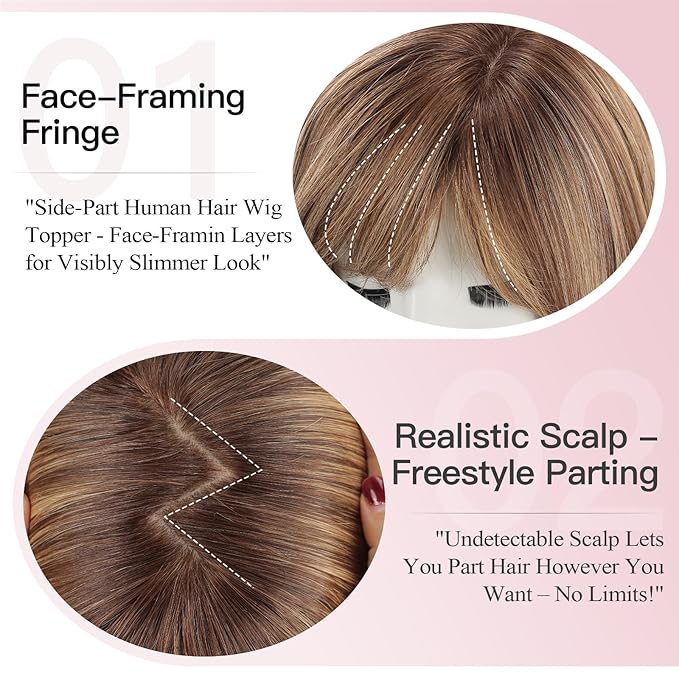 EMMOR Human Hair Toppers for Women Short Bob Real Hair with Bangs 10" Side Part Hairpieces for Women with Thin Hair 6.5" × 6.5" Larger Base Human Wig Toppers(Mixed Brown)