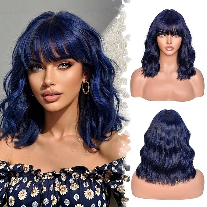 Dark Blue Bob Wig With Bangs Wave Wigs for Women 14 Inch Short Loose Wavy Heat Resistant Synthetic Wig Shoulder Length Hair for Daily and Cospaly Party Use