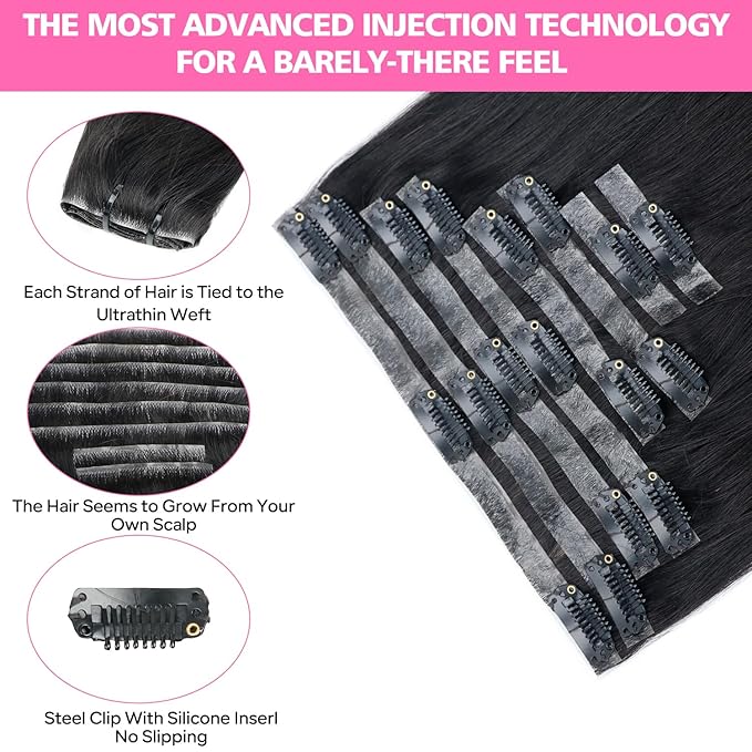 Injected Clip in Hair Extensions Real Human Hair Invisible Hand-Tied Weft Hair Extensions Clip in Human Hair Straight Seamless Clip ins for Women 8Pcs 120g 24inch #1B Natural Black
