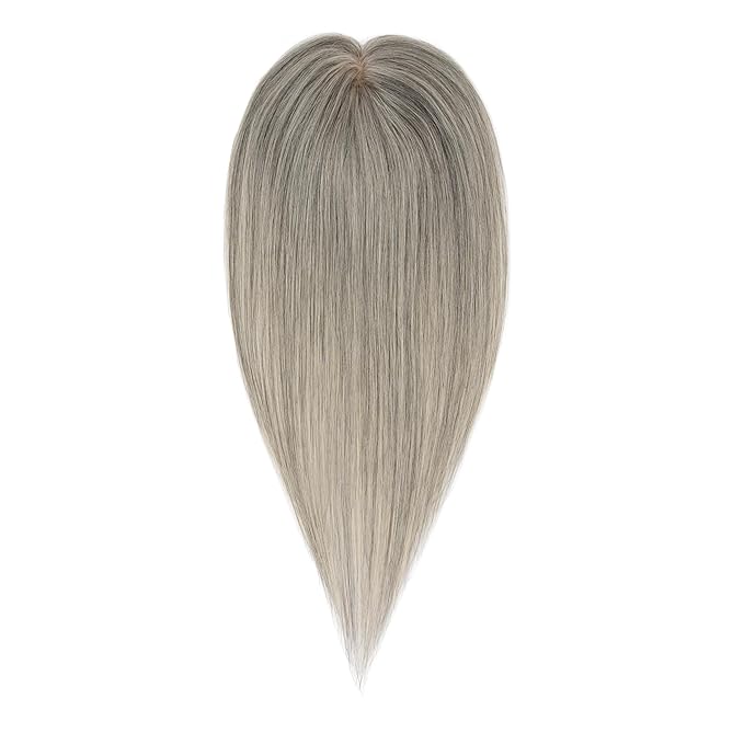 Hairro Human Hair Toppers Free Parted, 3.5x4.7" Base Hand-wovened 100% Real Hairpieces, with Invisible Clips-in for Women, for High Hairline/Adding Volume on Top, 10 Inch Blondish Grey Mix Silver