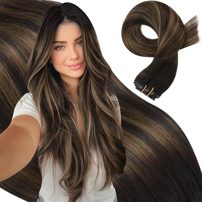 Moresoo Seamless Human Hair Clip in Extensions Dark Brown Balayage Clip ins Hair Extensions Real Human Hair Dark to Medium Brown Ombre for Women Thick And Invisible Pu Skin 150g/7pcs 22 inch