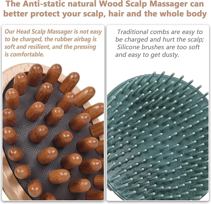 OWIIZI Wooden Scalp Brush Massage Body Tools, Wood Massager for Head Hair Growth Belly Fat Cellulite Multi Functional Air Cushion Massager for Men Women Elder