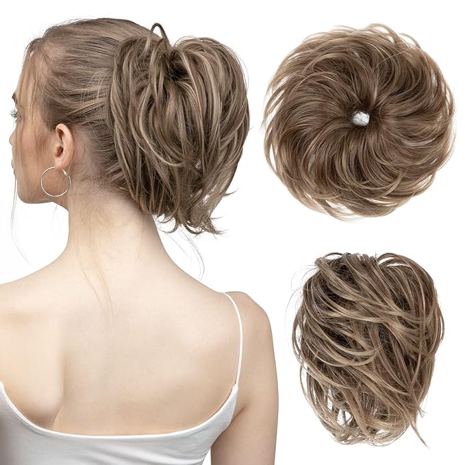 SARLA Messy Hair Bun Hair Pieces Curly Synthetic Updo Fake Scrunchies Ponytail Extension for Women Brunette and Ash Blonde Tips 1PCS