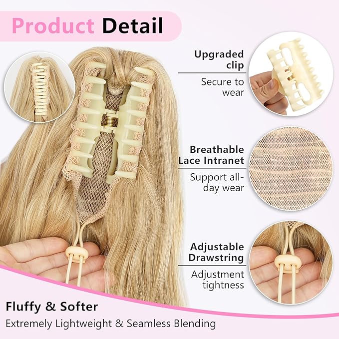 ALXNAN Ponytail Extension,24 Inch Claw Clip in Long Curly Mixed Blonde Ponytail Hair Extension Jaw Clip on Pony Tails Hairpiece for Women