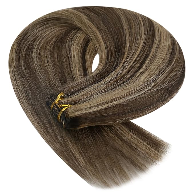 YoungSee Human Hair Weft Extensions Brown Highlight Sew in Hair Extensions Real Human Hair Dark Brown Mix Caramel Blonde Sew in Extensions Long Straight Hair 100G 24Inch