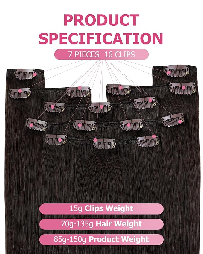 YoungSee Clip in Hair Extensions Real Human Hair Brown Straight Hair Extensions Clip ins Darkest Brown Human Hair Clip ins for Women 16In 120G 7Pcs