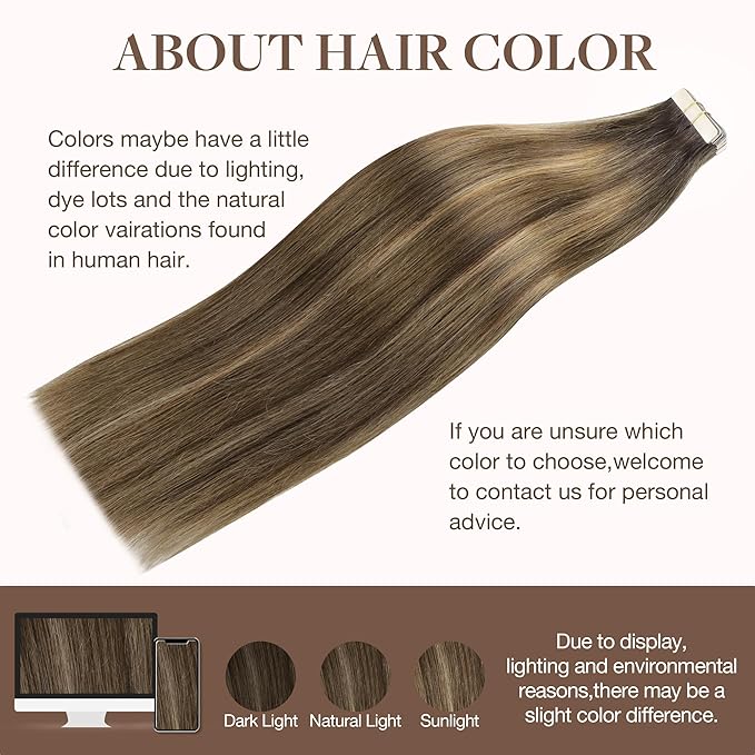GOO GOO Tape in Hair Extensions Human Hair, 4D/14/5B Brunette Balayage, 24inch 100g 40pcs, Skin Weft Seamless Invisible, Silky Straight with Thick Ends, Remy Human Hair