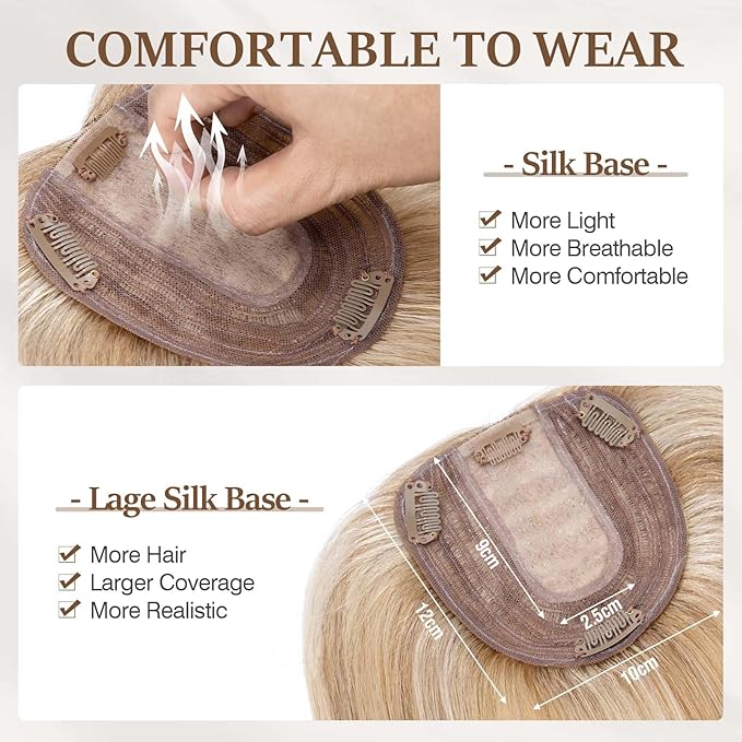 Rich Choices Hair Toppers for Women Real Human Hair 100% Human Remy Toppers NO Bangs with Thinning on Top Clip in Hairpiece 4"x4.7"Lace Base 10 Inch #12P613 Golden Brown Highlights Bleach Blonde