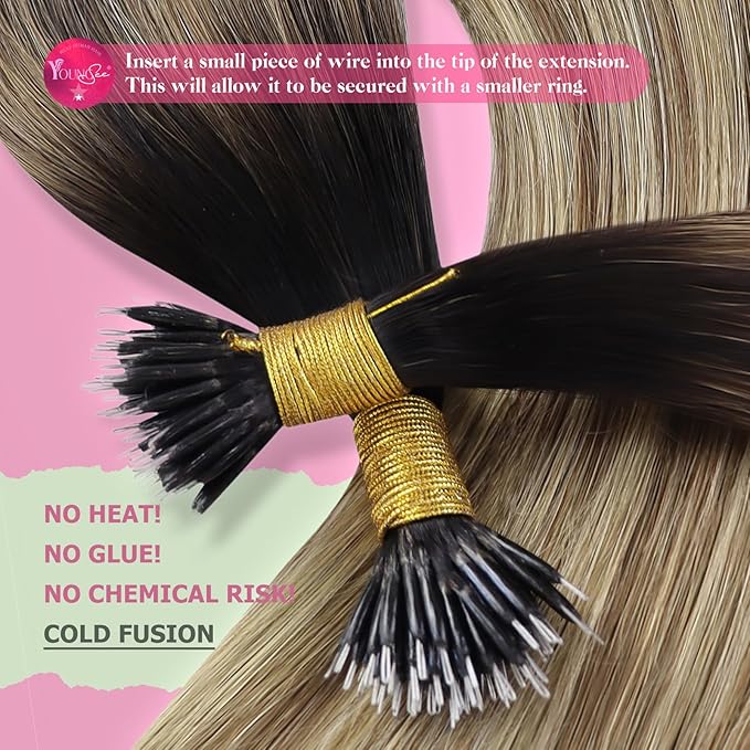 YoungSee Nano Ring Hair Extensions Ombre Dark Brown to Blonde Pre Bonded Nano Beads Human Hair Extensions Long Straight Nano Ombre Hair Extension Cold Fusion 20inch 50g 50s