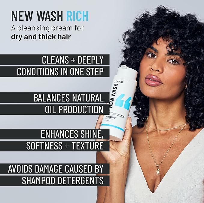 Hairstory New Wash (RICH) Hair Cleanser & Conditioner, 20oz Pouch, Extra Moisturizing, Improves Softness, Natural Ingredients, Protects Color & Eliminates Frizz, Sulfate & Paraben Free