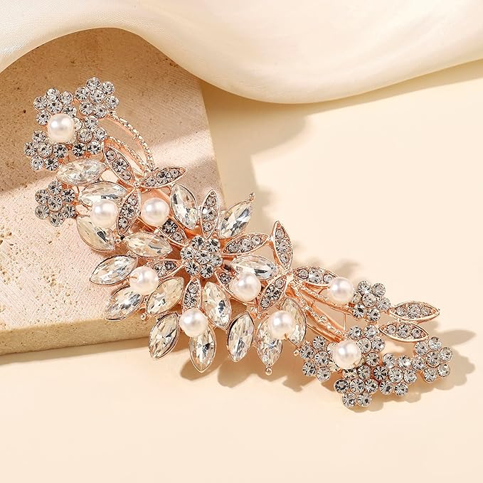 Rose Gold Crystal and Pearl Bridal Hair Clip Floral Hair Accessory Wedding Hair Comb For Women and Bride